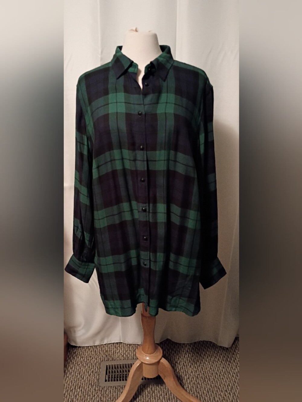 Women's Chaps Holiday Green Navy Blue Plaid Button-Up Shirt Tunic Top 1X XL NWT